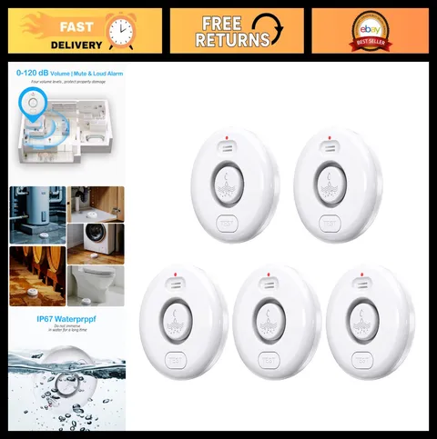 5 Pack Water Leak Alarm Detector - 120dB Loud Alert, IP66 Waterproof Sensors