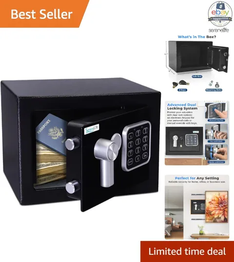 Digital Safe Box 9.1" x 6.7" x 6.7" Electronic Key Access Black Storage