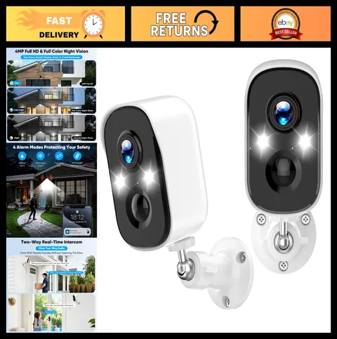 2 Pack Wireless Outdoor Security Cameras, 4MP, Color Night Vision, Motion Detect