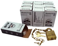 Lot (10) Master Lock DG Commercial Brass Military Padlocks w/Chain - Keyed Alike