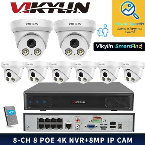 VIKYLIN SmartFind 8POE 8CH NVR Wired Color Night light 8MP IP Camera Systems Lot