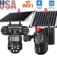 NEW 3 Lens Solar Battery Wireless Security Camera 360° PTZ Outdoor Wifi IP CCTV