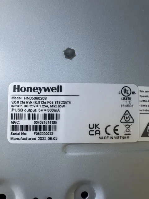Honeywell HN35080208 8-Channel 4K PoE NVR, 8TB Indoor Network Recorder