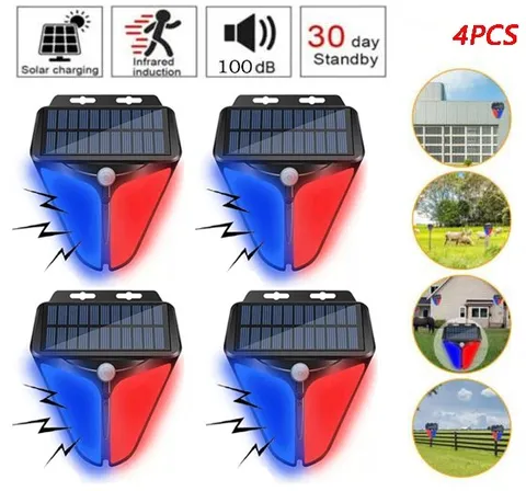 4PK Solar Alarm Light Solar Strobe Light Wireless Motion Sensor Detector Outdoor