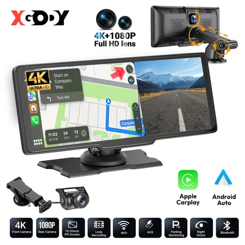 XGODY 10.26" Touch Screen 4K Dash Cam Wireless CarPlay Fit Apple Android WIFI US