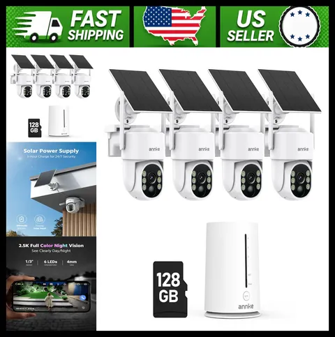 ANNKE Wireless Outdoor Solar Security Camera System, 4-Cam Kit, 360° View