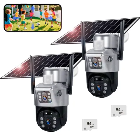 2Pack 6MP Dual Lens Solar WiFi Security Camera Outdoor Night Vision+64GB TF Card