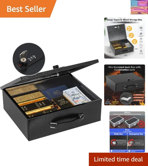 Fireproof Lock Box for Documents, Dual Combination and Key Lock Security with...
