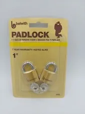 Belwith 1" Keyed Alike Padlocks 2 Pk, Brass Case & Pin Tumbler, #4110, NOS, NEW