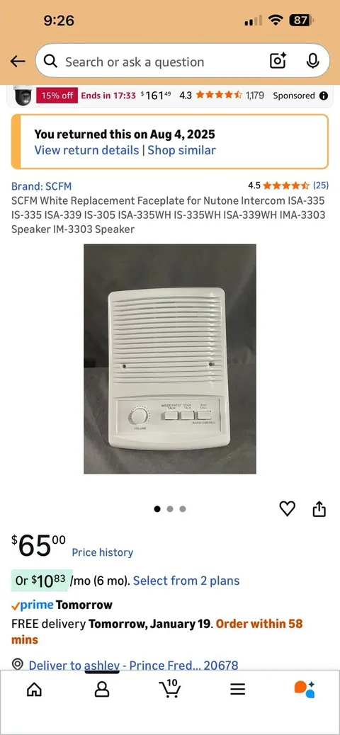 SCFM White Replacement Faceplate for Nutone Intercom