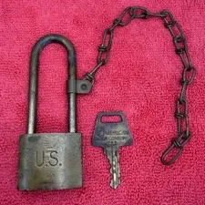 Vintage U.S. Military Brass Padlock , Chain & Key American Lock Co. USA 6460H