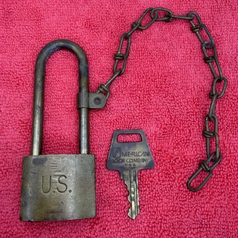 Vintage U.S. Military Brass Padlock , Chain & Key American Lock Co. USA 6460H