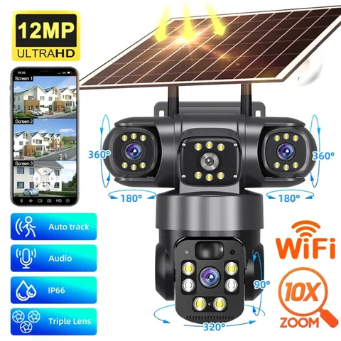 3 Lens Solar Camera 12MP Battery Home Security Outdoor Wifi Night Vision Camera