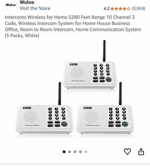 Wireless Intercom System for Home 5280 Feet Range 10 Channel 3 Code - 4 Pack