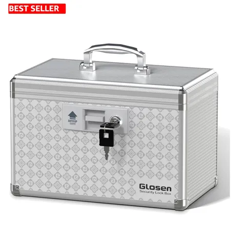 Waterproof Grey Medicine Lock Box - Secure Storage with Key & Shoulder Strap