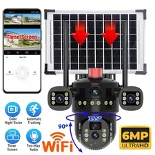 WiFi 3-Screen Dual Lens Solar Security Camera Outdoor PTZ CCTV Motion Detection