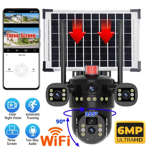WiFi 3-Screen Dual Lens Solar Security Camera Outdoor PTZ CCTV Motion Detection
