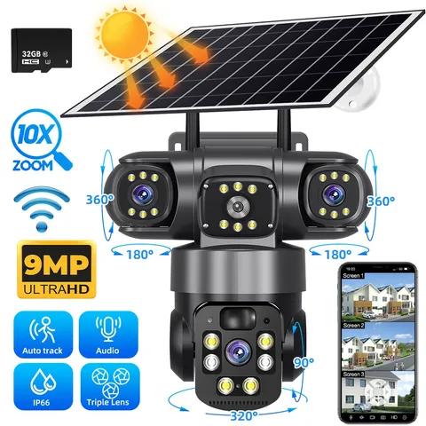 UHD 9MP 3-Lens Solar Camera Wireless WiFi Solar Power Security Camera 10X Zoom
