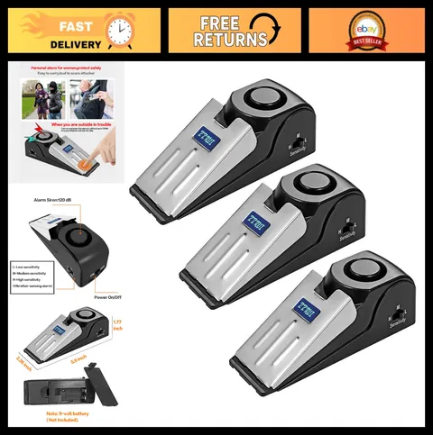 2 in 1 Portable Door Stopper & Security Alarm - 120dB Loud Alert - 3 Pack