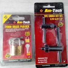 AM TECH BRASS PADLOCK & 2PC CHUCK KEY SET BUNDLE - NEW SEALED