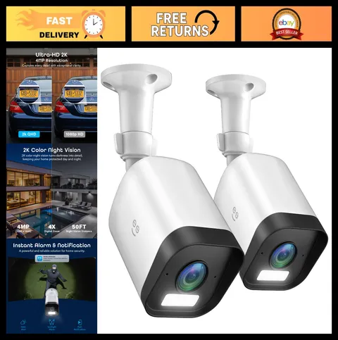 2-Pack 4MP Smart Outdoor Security Camera, 2K Ultra HD Wi-Fi, Night Vision