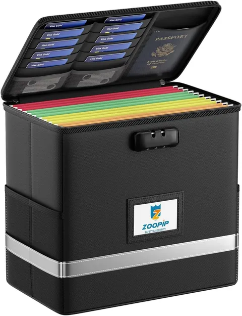 Fireproof File Box with Lock, Collapsible Document Organizer, Black | Suitable f