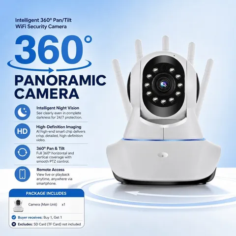 Smart PTZ WiFi Security Camera 360° Panoramic View for Home Office Two-Way Audio