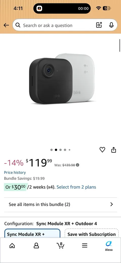 Blink Outdoor 4 Camera + Sync Module XR 1080p Wi-Fi Alexa Black/White