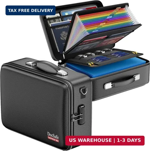Fireproof Document Box Hard Case with Lock & Accordion File Folder | Fire and Wa