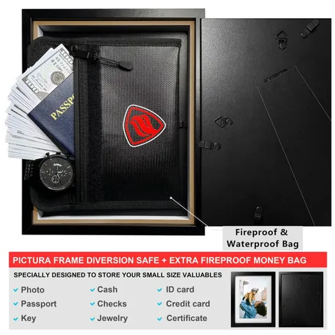 Hidden Compartment Picture Frame Safe + Fireproof Bag
