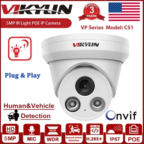 Vikylin Audio 5MP IP Camera IR Night Vision POE Outdoor Metal H265+ ONVIF Wired