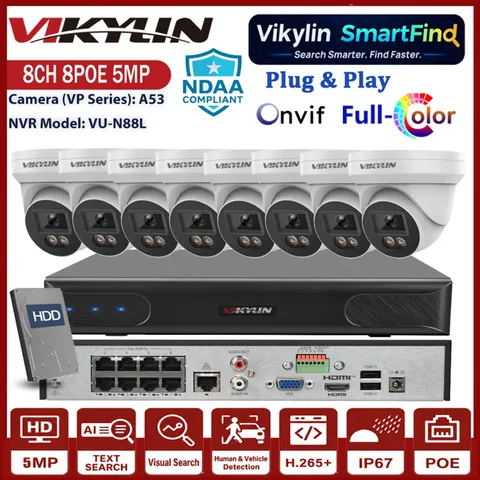 Vikylin Smartfind 8CH 8POE NVR Camera Systems Full Color 5MP POE IP Camera Lot