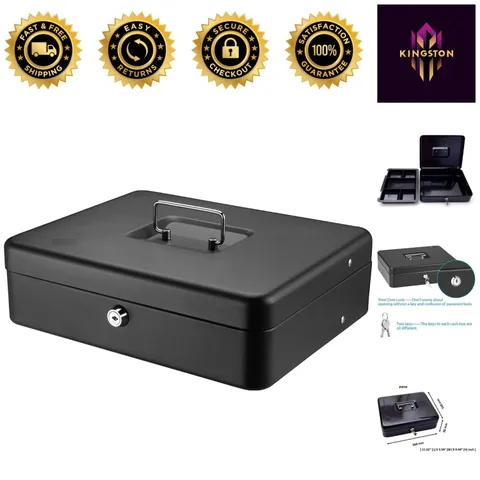 Elegant Portable Black Money Saving Box with Key Lock and Cash Tray, 0.21 Cu Ft