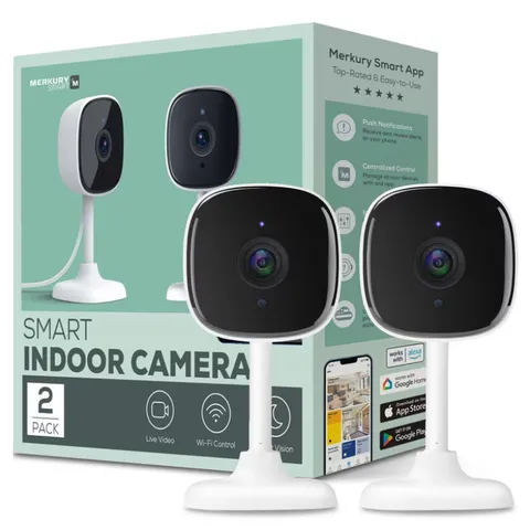 2-Pack, Merkury Smart Indoor Camera 1080p - Wi-Fi Security Cam with Night Vision