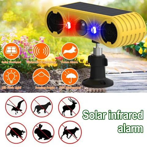 Solar Motion Sensor Alarm Ultrasonic 130db Loud Noise Maker LED Animal Repeller