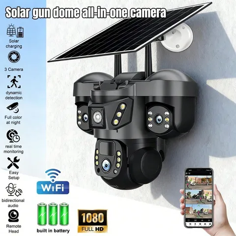 3-Lens Solar Security Camera Outdoor Wireless PTZ WiFi 1080P Color Night Vision