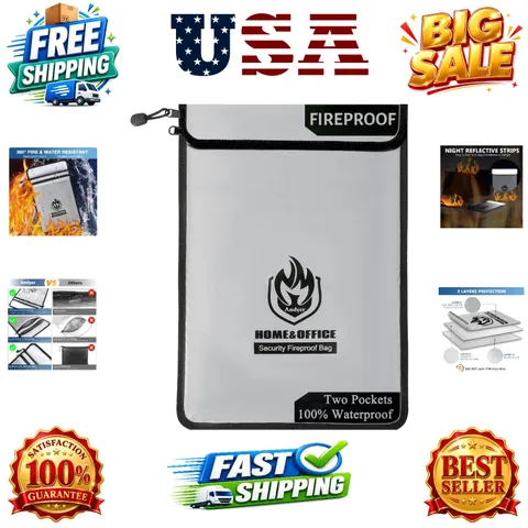 Upgraded Two Pockets Fireproof Document Bag 2000℉, 15”x 11”Waterproof Firepro...
