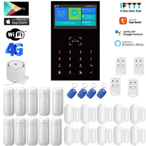 V61 Tuya APP WiFi+US/EU 4G SMS Wireless Home Security Alarm System+Alexa+Google