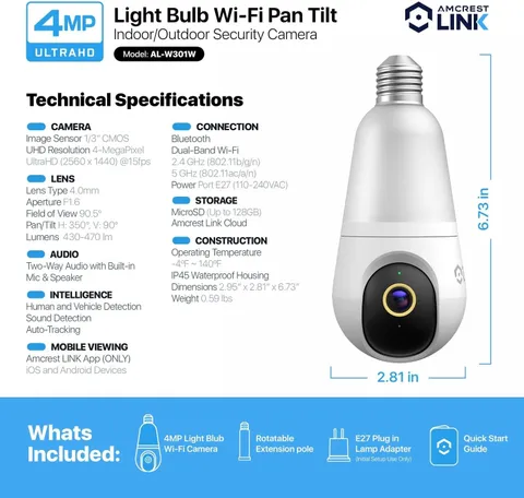 Amcrest Link 4MP Light Bulb WiFi Camera AL-L411W