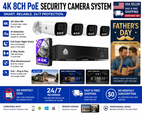 4K PoE Camera System 8CH NVR 4 Wired Cameras 2-Way Audio 2TB HDD Kit