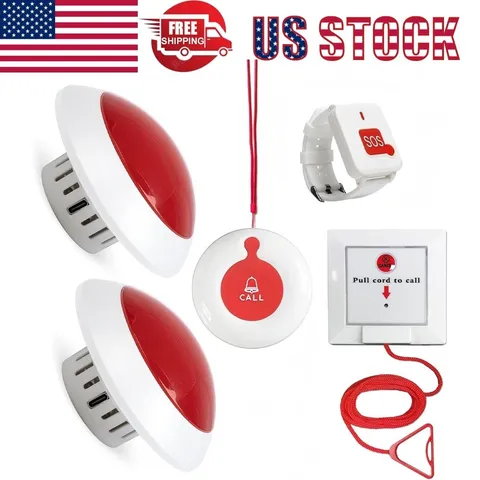 Elderly Bathroom Pull Cord Alarm with Waterproof Wrist SOS & Neck Call Buttons