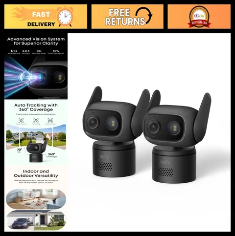 Indoor/Outdoor Security Cameras 2-Pack, IP66, Color Night Vision, 360° Pan/Tilt,