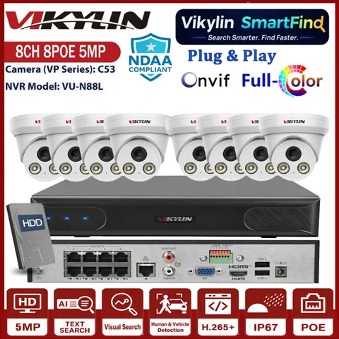 Vikylin SmartFind 5MP 8CH 8POE NVR Full Color PoE Security Camera Systems Lot