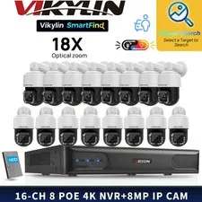 VIKYLIN SmartFind 8POE 16CH NVR System 360°Wide Angle 18×ZOOM 8MP PTZ Camera Lot