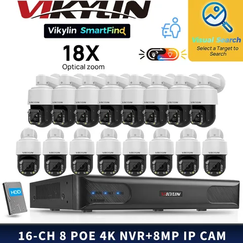 VIKYLIN SmartFind 8POE 16CH NVR System 360°Wide Angle 18×ZOOM 8MP PTZ Camera Lot