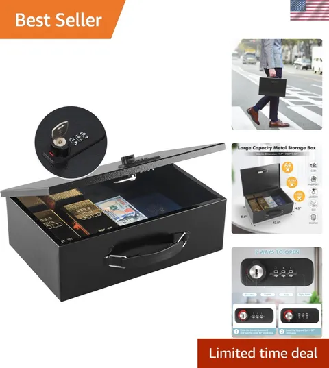 Portable Fireproof Document Box with Dual Lock System - 12.8" x 8.4" Black Safe