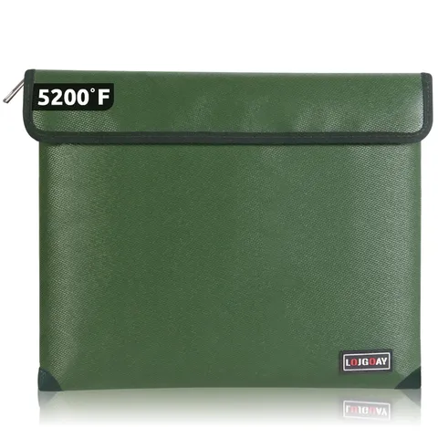 Green 13.9x10.6 Inch Fireproof Waterproof Document Bag Heat Insulated Zipper