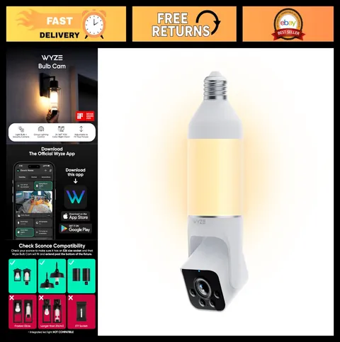2K HD Smart Light Bulb Security Camera, WiFi Enabled, E26 Socket, Home Surveilla