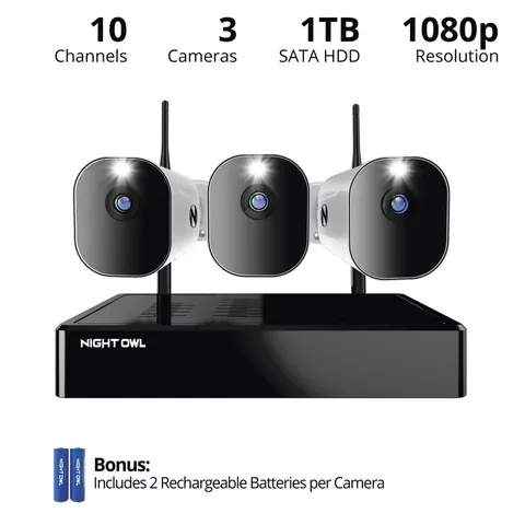 Night Owl 3 Wireless Cameras NVR 1 TB Hard Drive Motion Detect 2way Audio Open