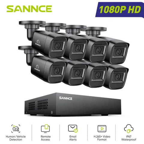 SANNCE 5in1 8CH DVR 1080P Video CCTV Outdoor Security Camera System AI Detection
